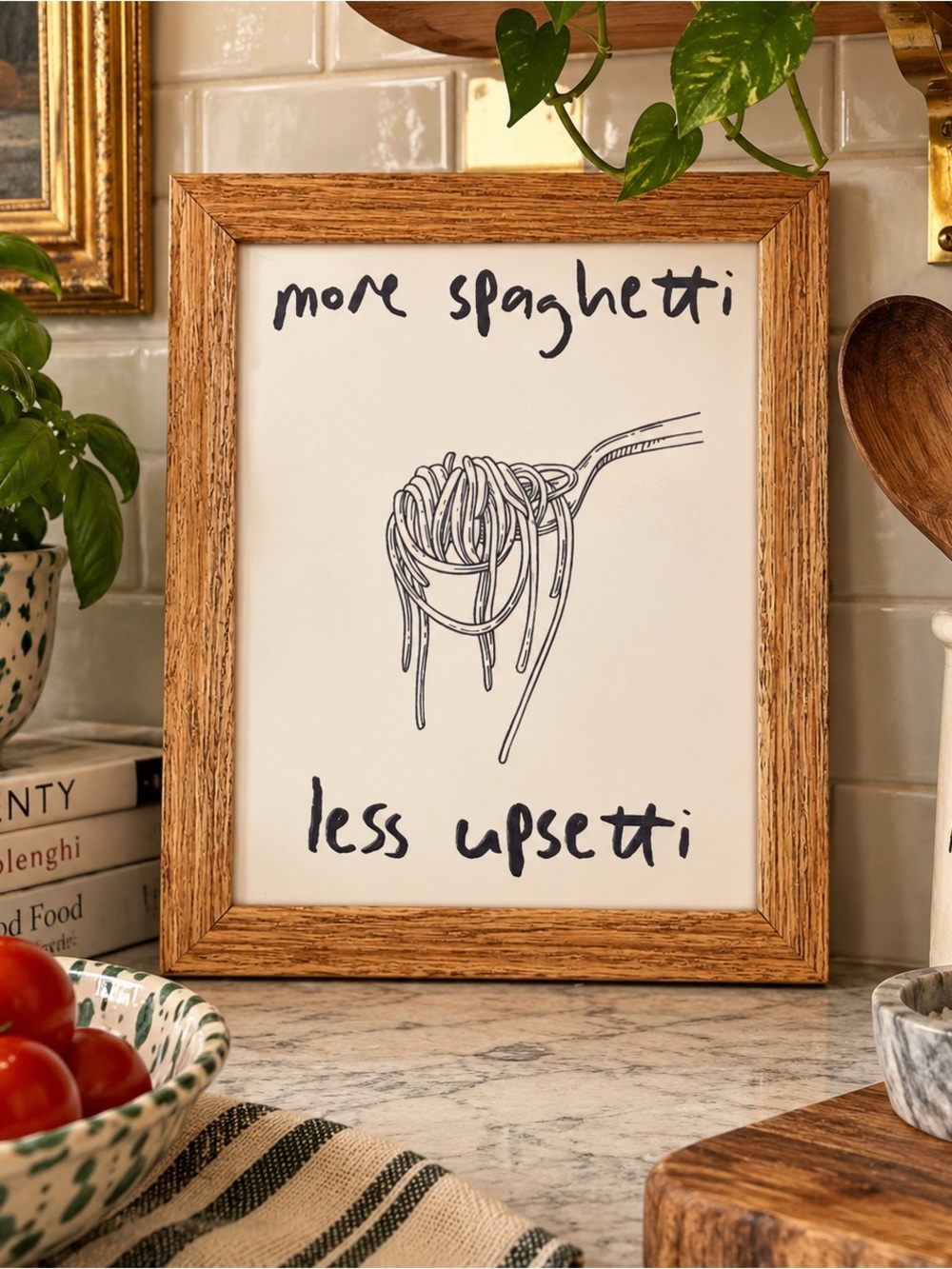 More Spaghetti, Less Upsetti Print Wood Framed Italian Food Kitchen Pasta Art